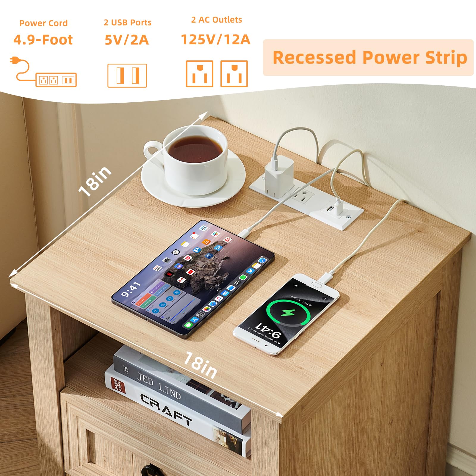 Light wood nightstand with drawers, built-in power outlets and USB ports, open shelf.