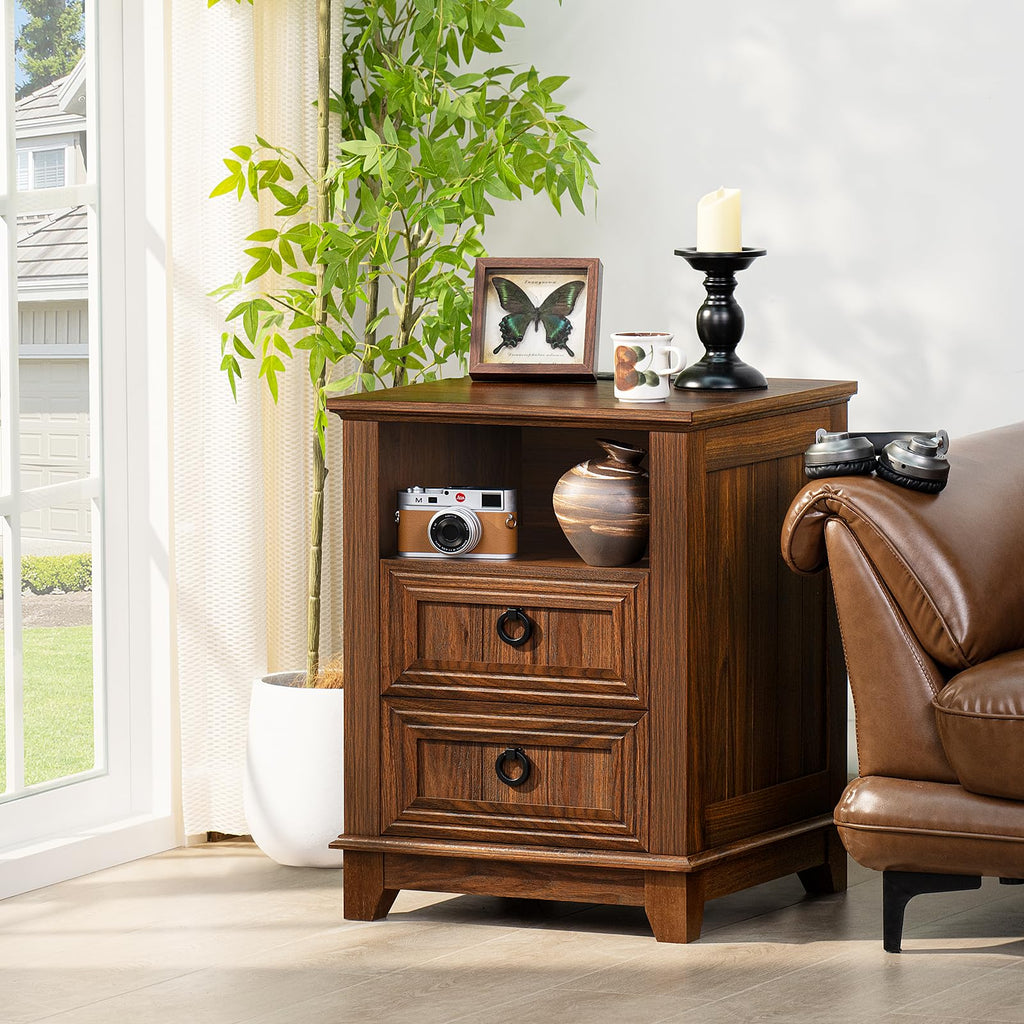 Brown farmhouse nightstand with two drawers and open shelf for decor