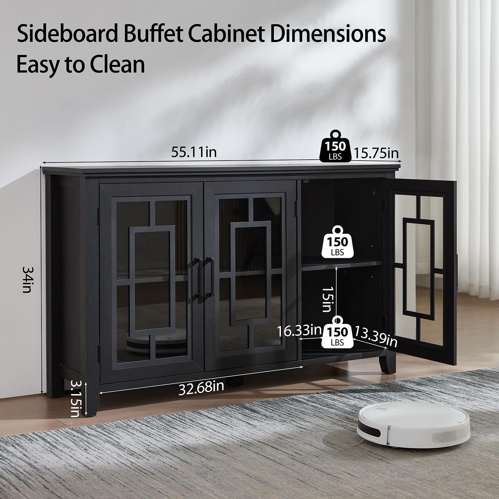 Sideboard buffet cabinet in dark blue with two glass doors, showing size and storage