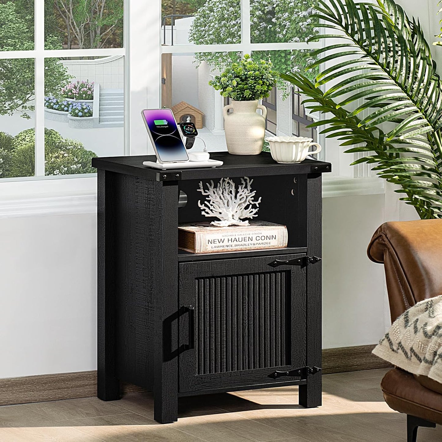 Joaxswe 18-Inch Nightstand with Charging Station and Fluted Door,Dark Blue | 18-inch bedside table with AC and USB charging, open storage and a magnetic fluted door for bedroom essentials