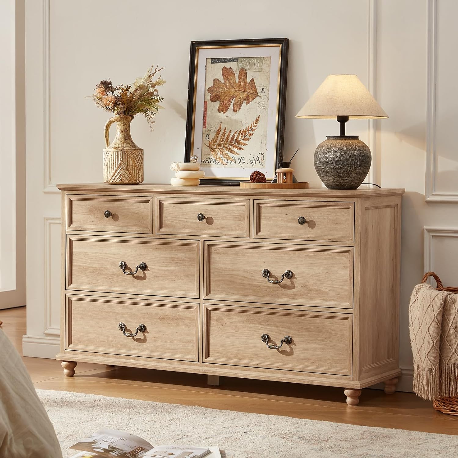 Farmhouse 54" 7 Drawers Dresser for Bedroom, Wide Chest of Drawers w/ 4 Wooden Legs, Vintage Rustic Large Closet Storage Dressers Organizer for Hallway, Wood TV Stand for Living Room, Blue