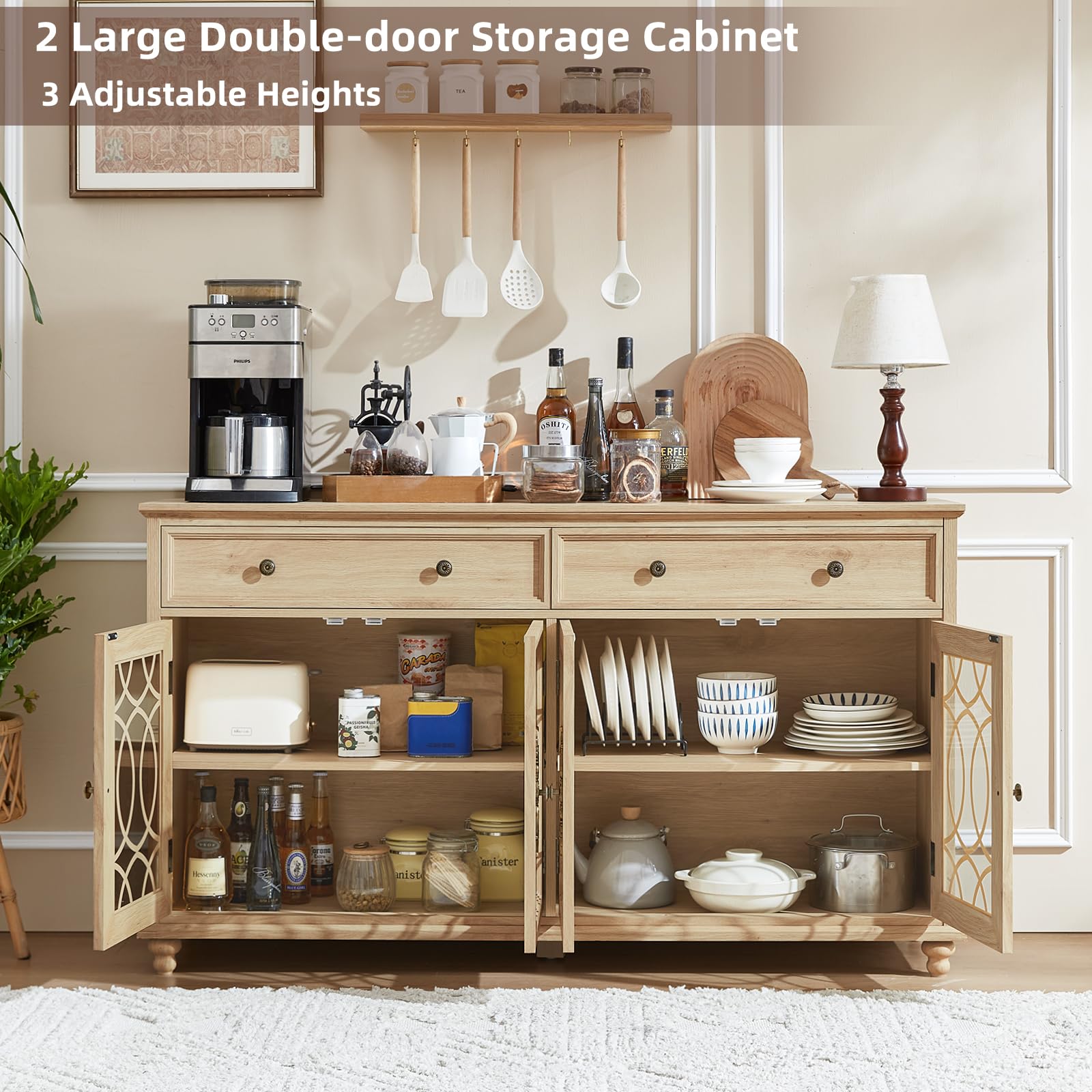 Light wood sideboard cabinet open with storage shelves and four glass door fronts