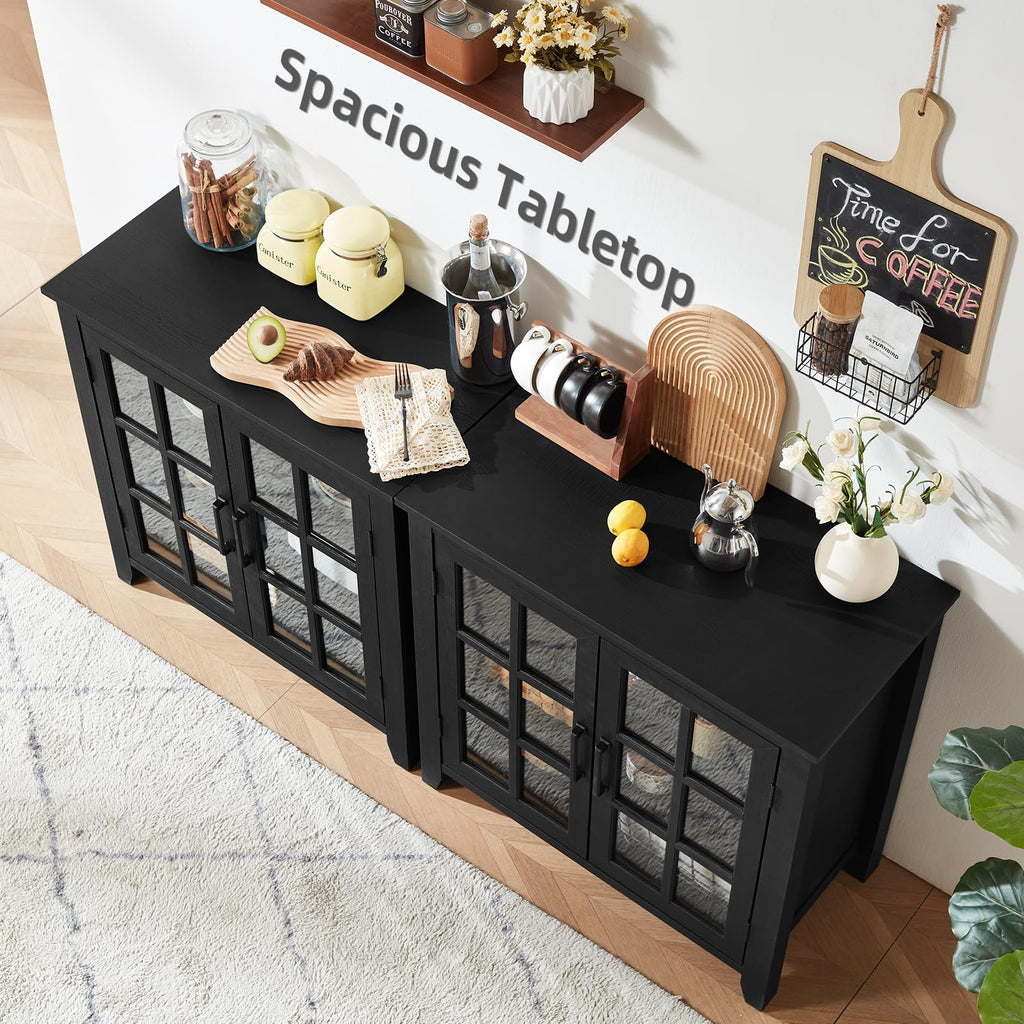 Black sideboard with dark tabletop, open shelf storage, and lattice-style door fronts