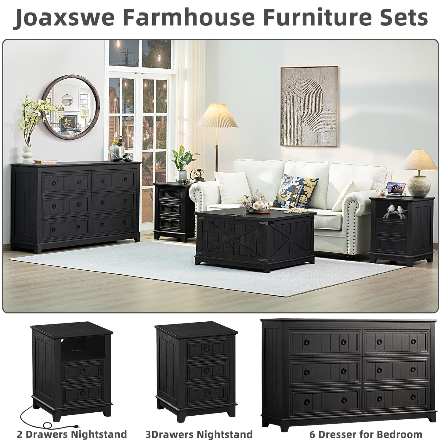 Black farmhouse dresser with 6 drawers, shown as part of a furniture set
