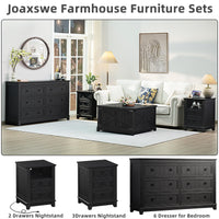 Black farmhouse dresser with 6 drawers, shown as part of a furniture set