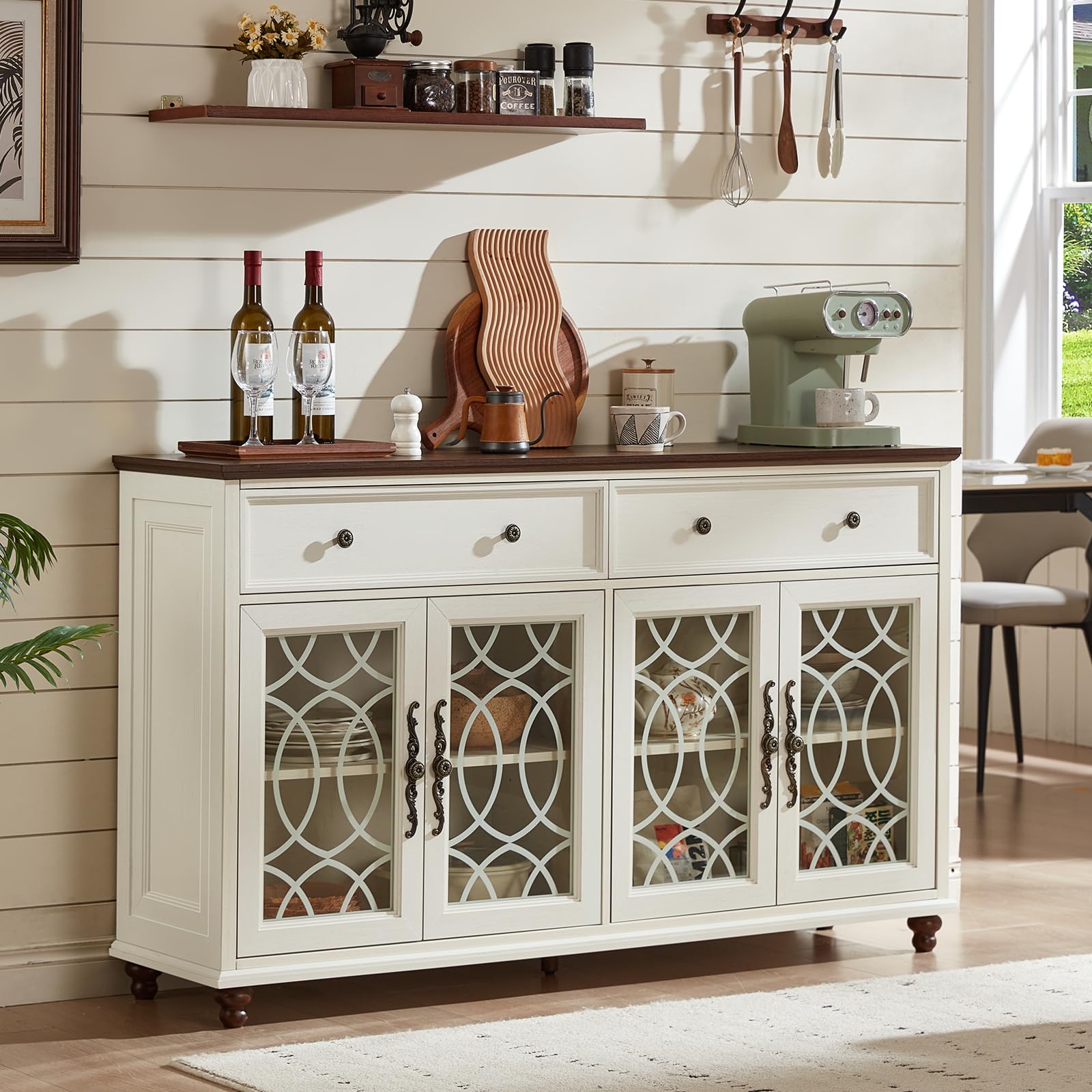 Farmhouse sideboard cabinet with 4 glass doors and 2 drawers, white finish, turned feet