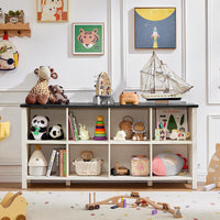 Dark blue kids storage bookcase with open cubbies and long tabletop