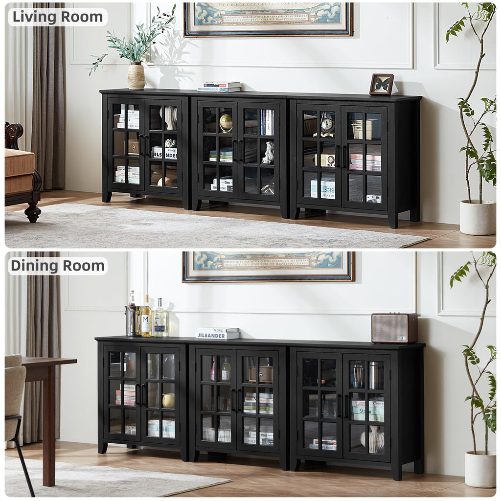 Sideboard cabinet with dark finish and glass door panels, open shelving storage