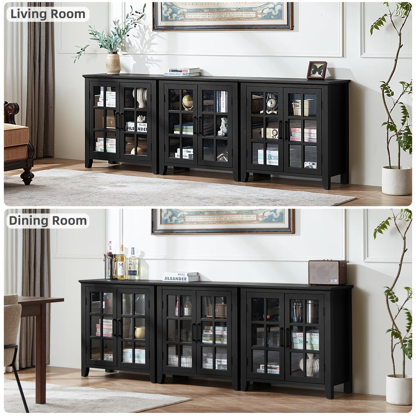 Dark blue sideboard cabinet with two glass doors and open shelving interior