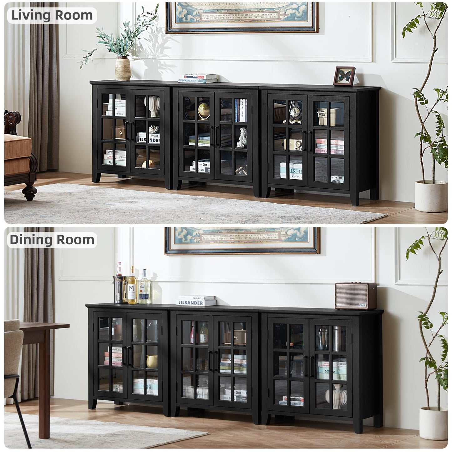 Dark blue sideboard cabinet with two glass doors and open shelving interior