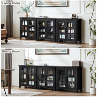 Dark blue sideboard cabinet with two glass doors and open shelving interior