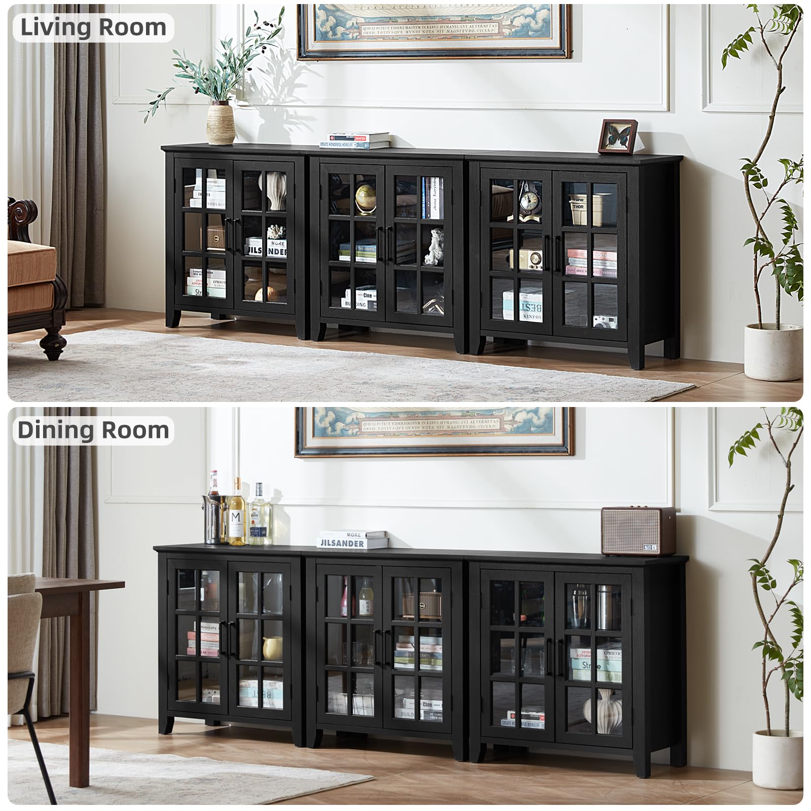Sideboard cabinet with dark finish and glass door panels, open shelving storage