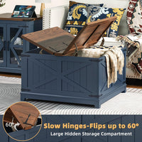 Blue wood coffee table with lift top open and large hidden storage compartment