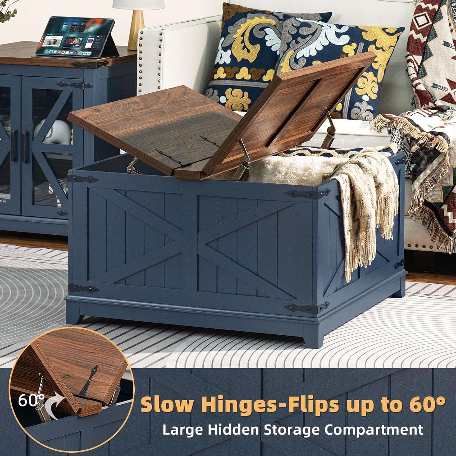 Blue wood coffee table with lift top open and large hidden storage compartment