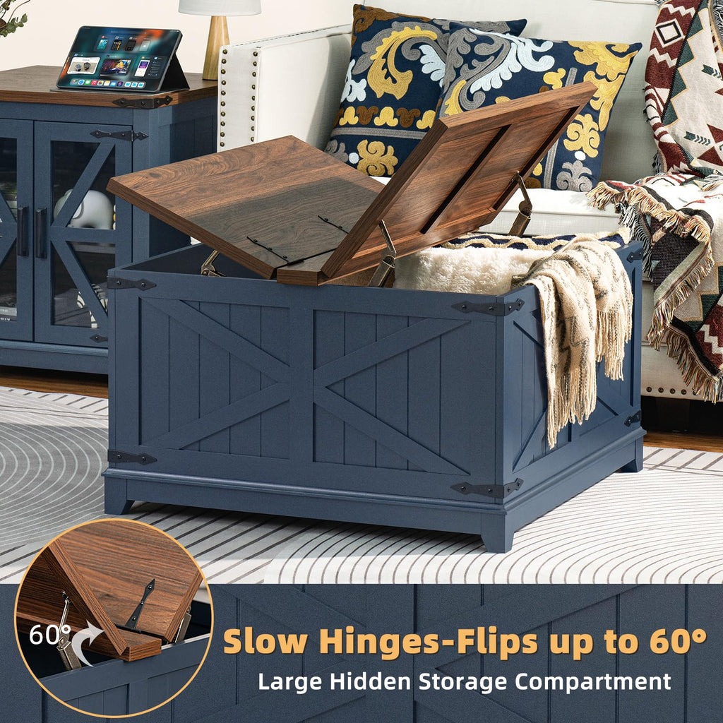 Blue farmhouse coffee table with lift-top raised, showing hidden storage