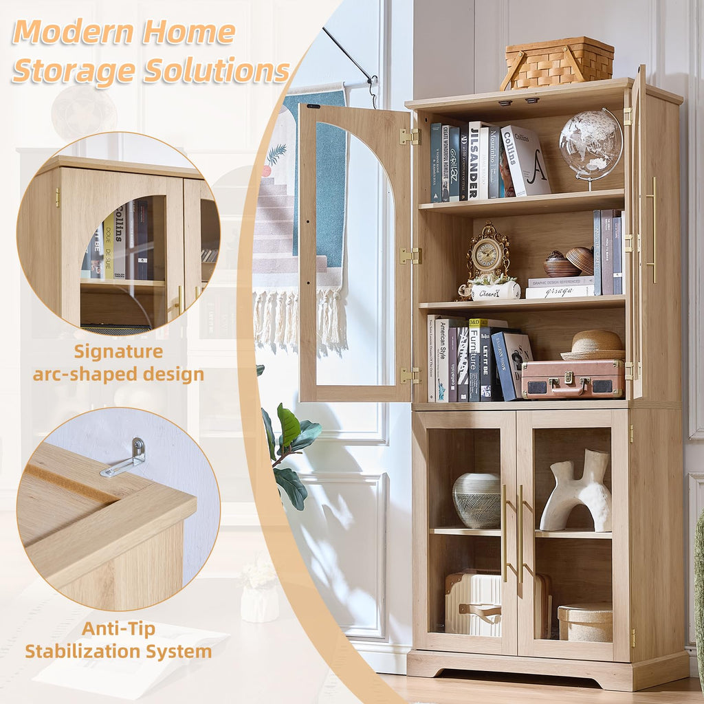 Tall display cabinet with curved glass doors and adjustable shelves, light wood frame