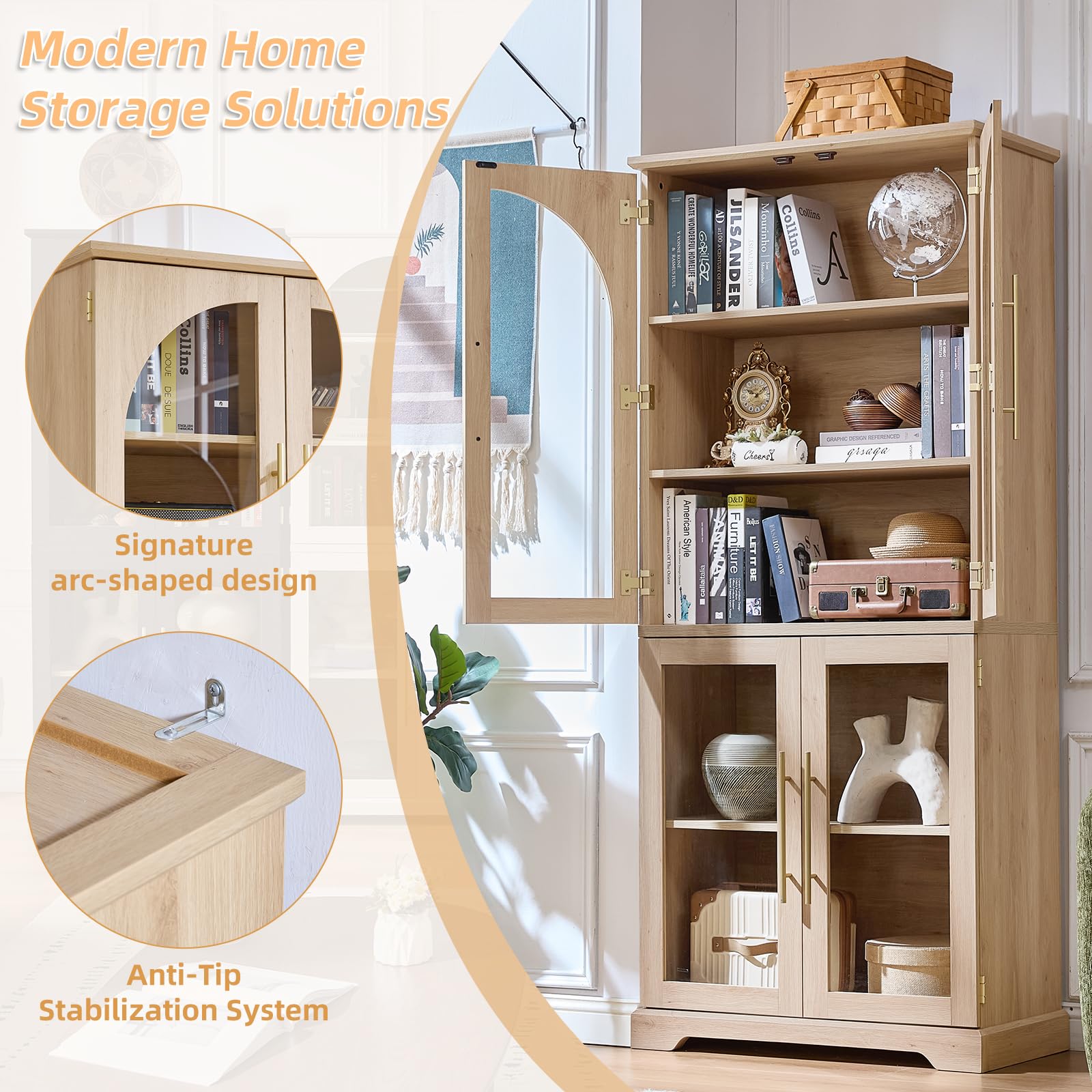 Tall display cabinet with curved glass doors and adjustable shelves, light wood frame