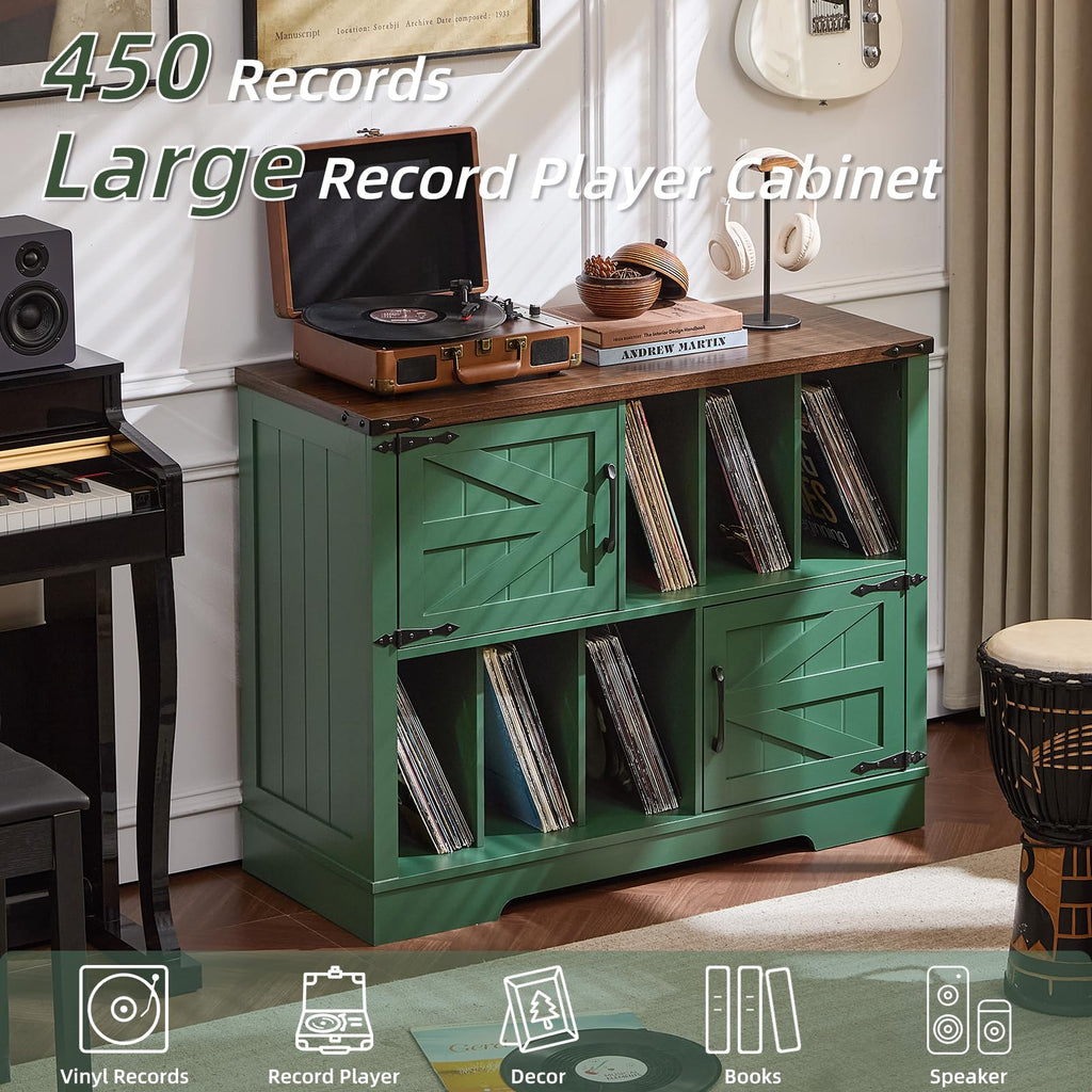 Green large record player cabinet with vinyl storage shelves and built-in speakers