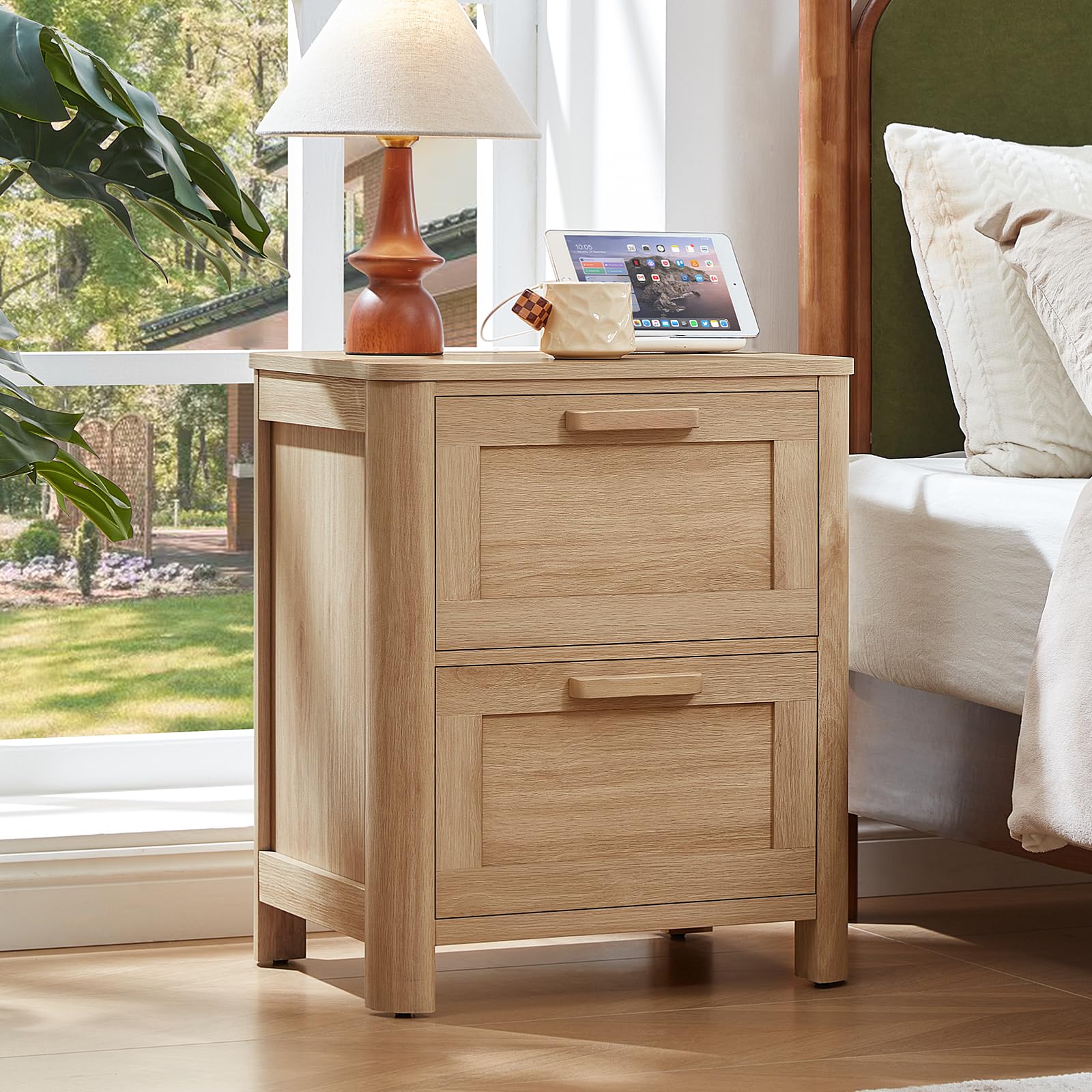 Farmhouse Nightstand with Charging Station, End Tables Bedroom with 2 Large Drawers & 4 Thickened Table Legs, Walnut
