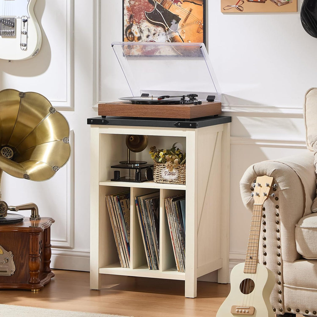 White record player stand cabinet with open lid and vinyl records in front shelves