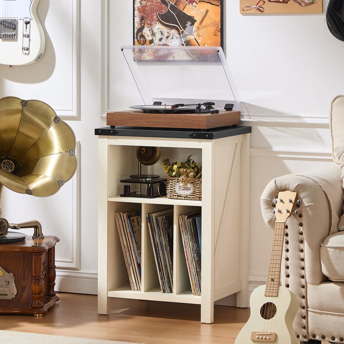 Record player stand with open vinyl storage cabinet and turntable lid raised