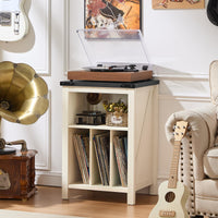 Record player stand with open vinyl storage cabinet and turntable lid raised