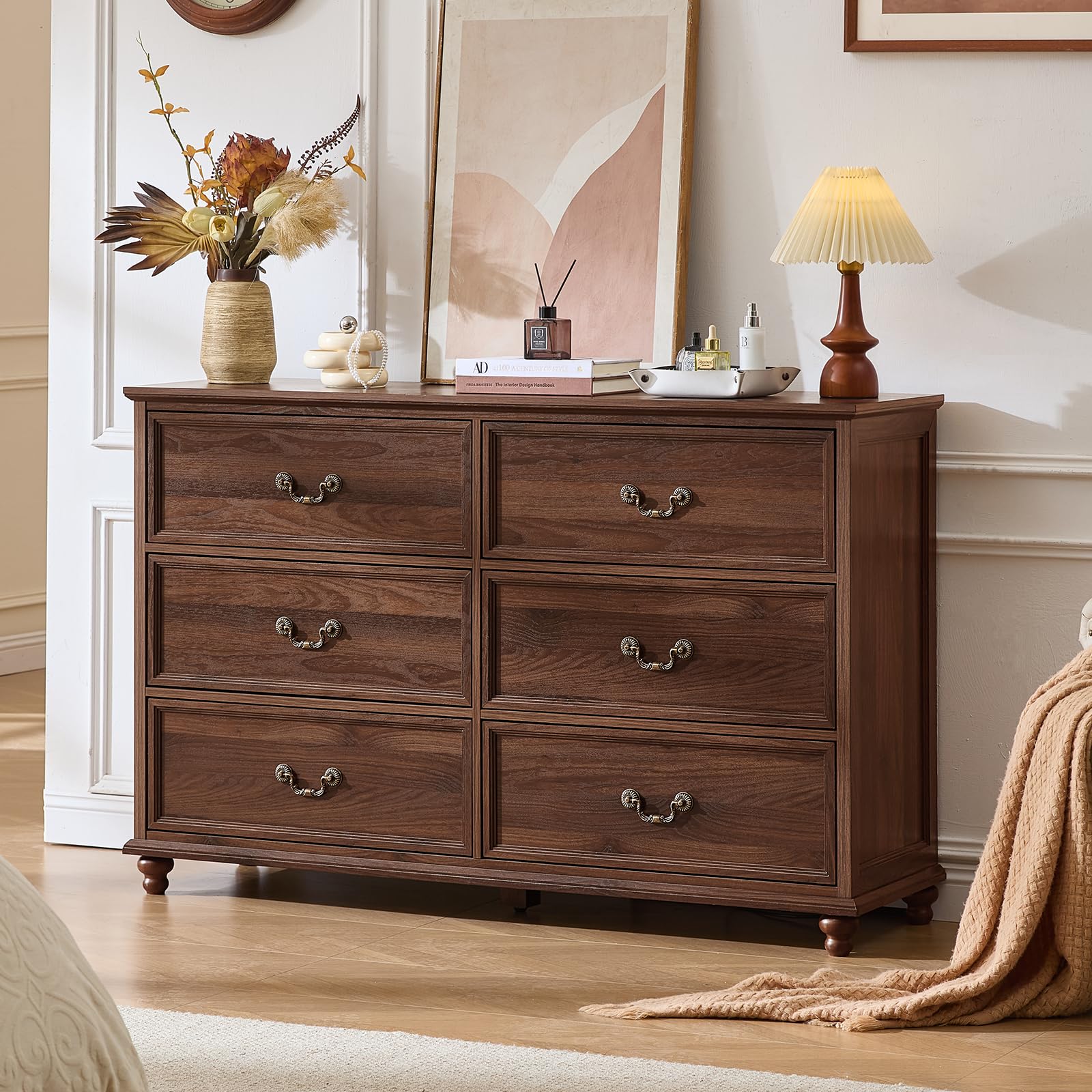 Dark brown farmhouse nightstand with 6 drawers, decorative metal pulls, turned legs