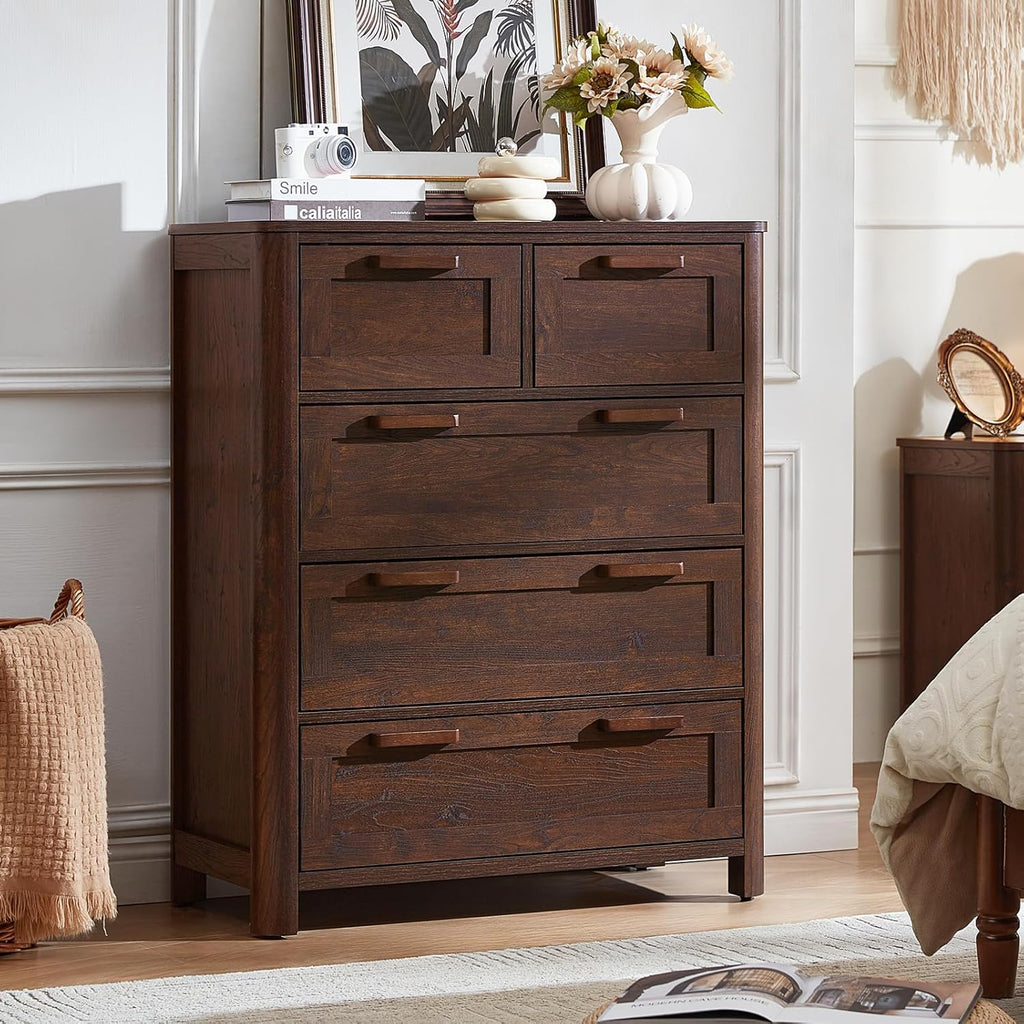 Walnut farmhouse 5-drawer dresser with thick legs and metal knob drawer pulls