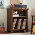 Brown wood record player stand with vinyl record storage shelves and open turntable lid