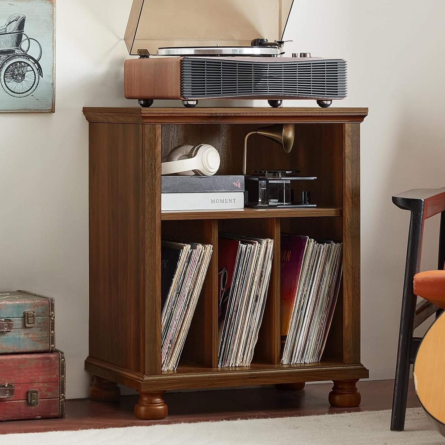 Brown wood record player stand with vinyl record storage shelves and open turntable lid