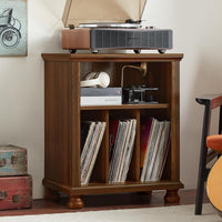 Brown wood record player stand with vinyl record storage shelves and open turntable lid