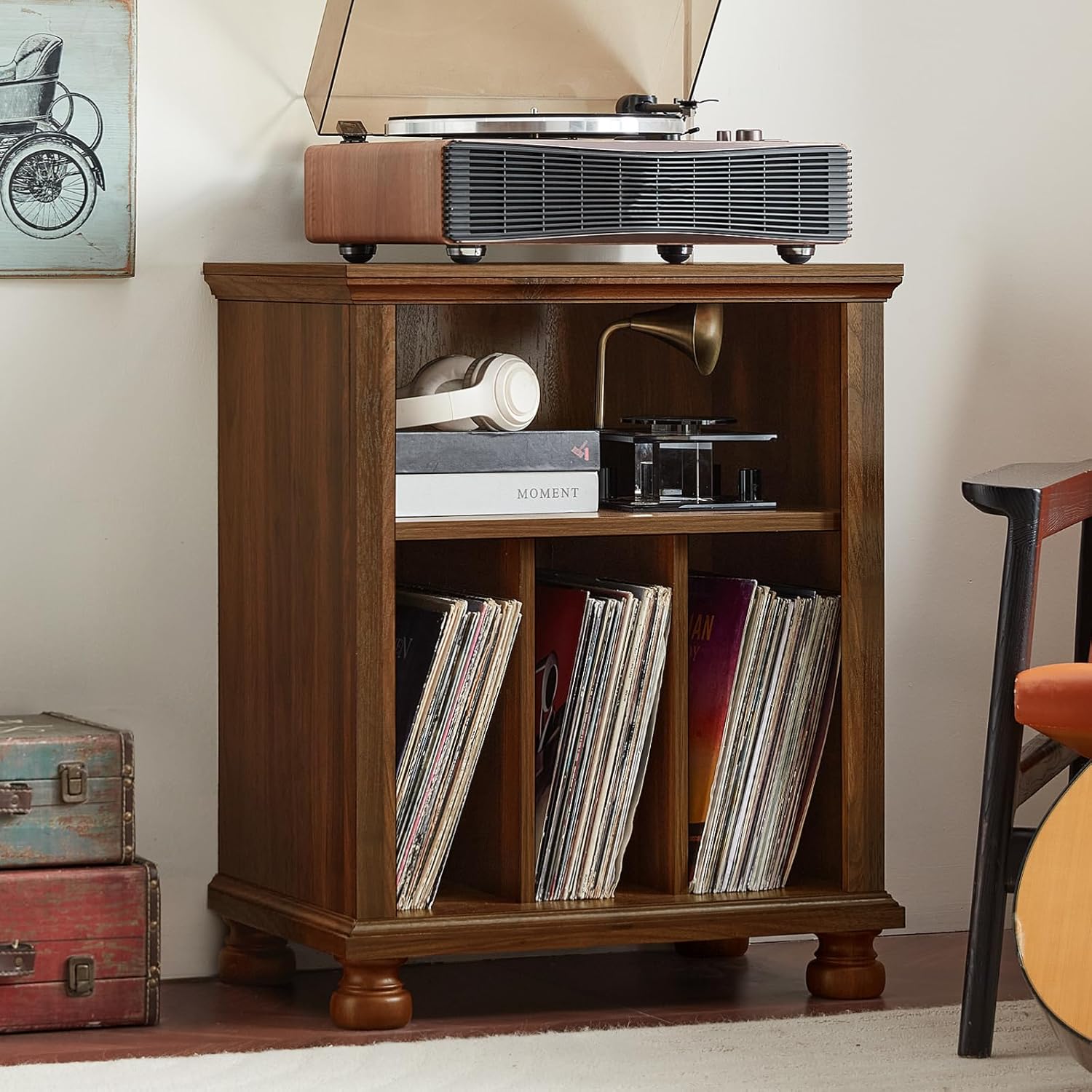 Brown wood record player stand with vinyl record storage shelves and open turntable lid