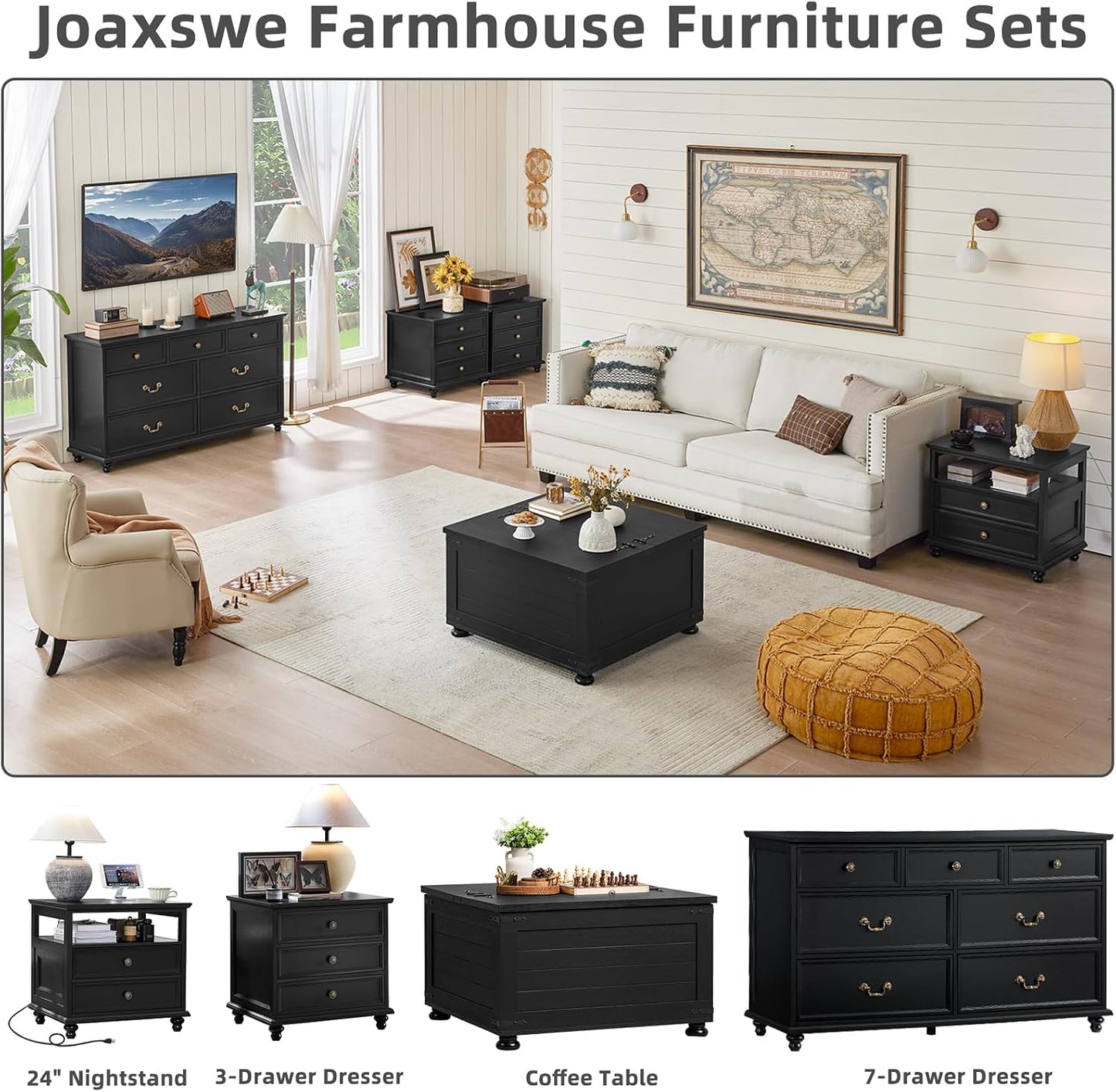 Joaxswe Farmhouse Dresser and Nightstand Sets 3 Piece, Nightstands Set of 2 and 7 Drawers Dresser for Bedroom, 54" Wide and 24" Inch Night Stand Set for Bedroom, Living Room, Hallway