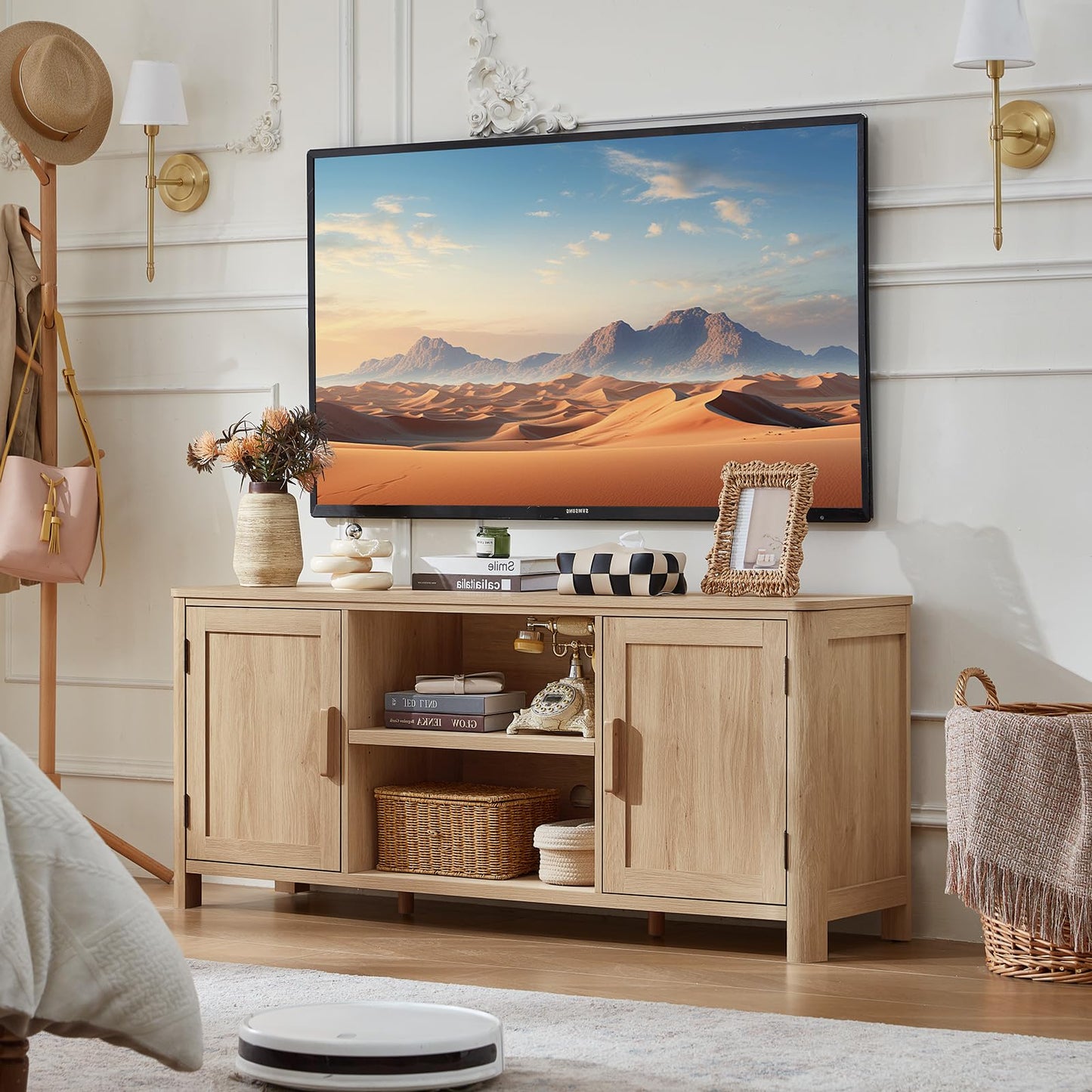 Joaxswe Farmhouse 55" Tv Stand Up for 65 in TV,Tv Consoles for Living Room | Adjustable Shelves Entertainment Center, 2 Door Storage, Rustic Wooden Veneer, Media Console Cabinet for TVs