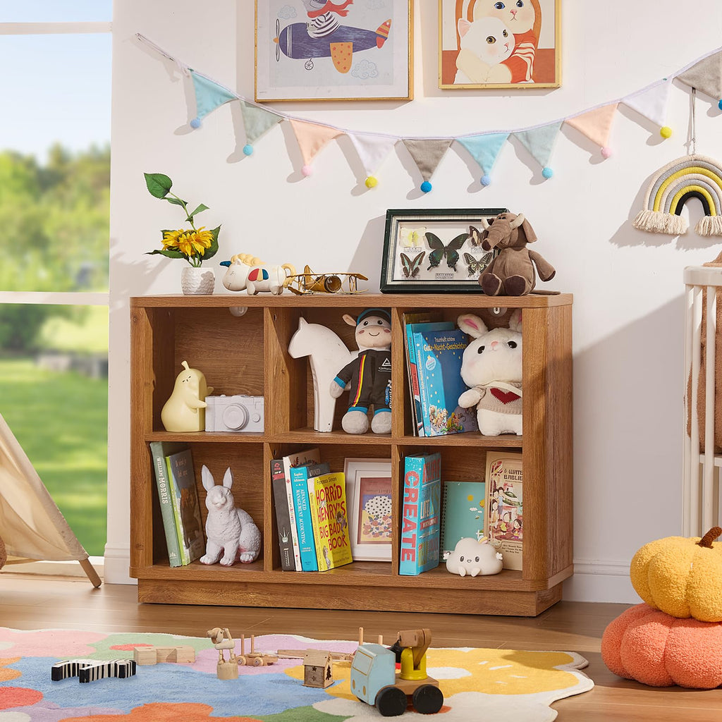 Wooden cube storage bookcase with open compartments, curved top edge, standing console.