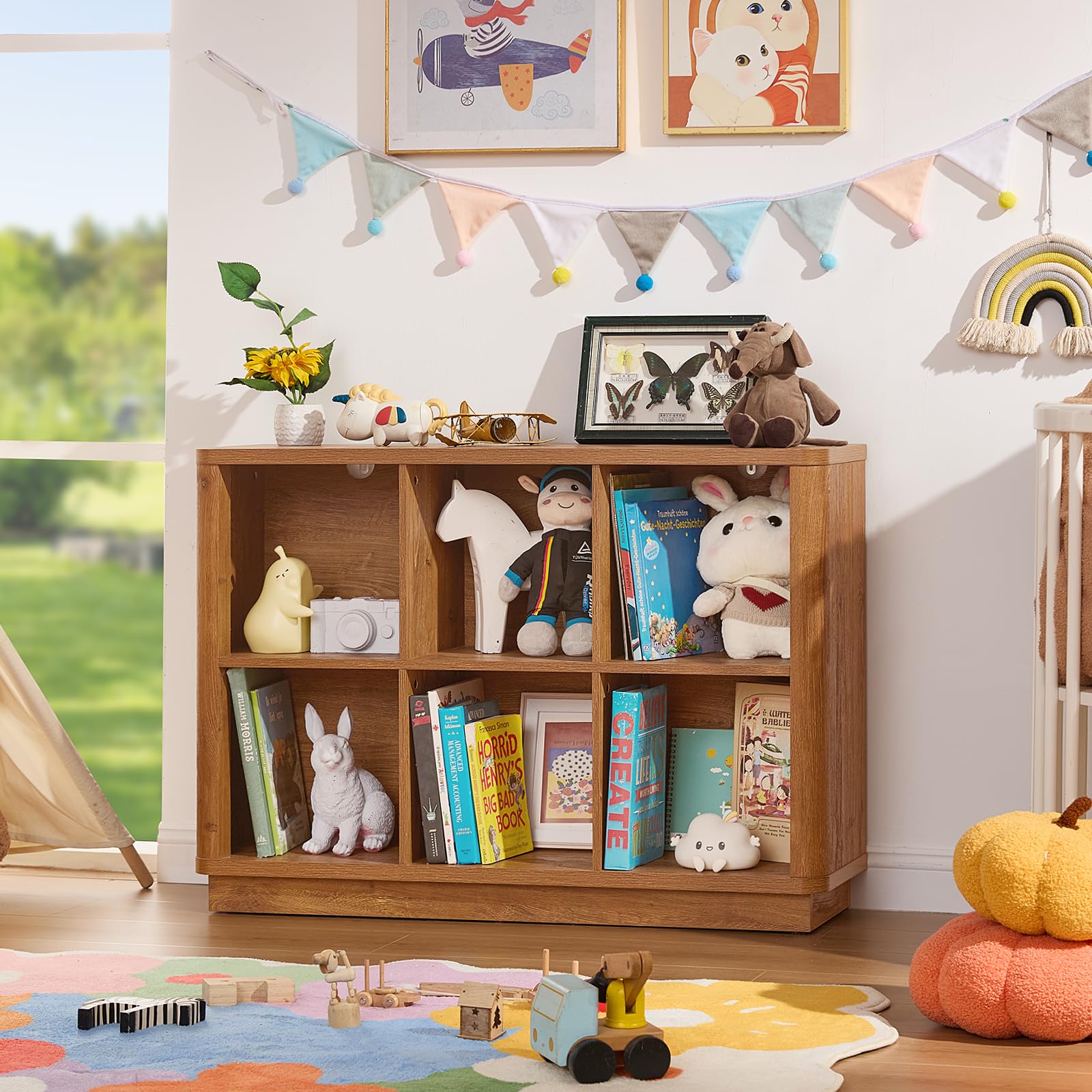 Wooden cube storage bookcase with open compartments, curved top edge, standing console.