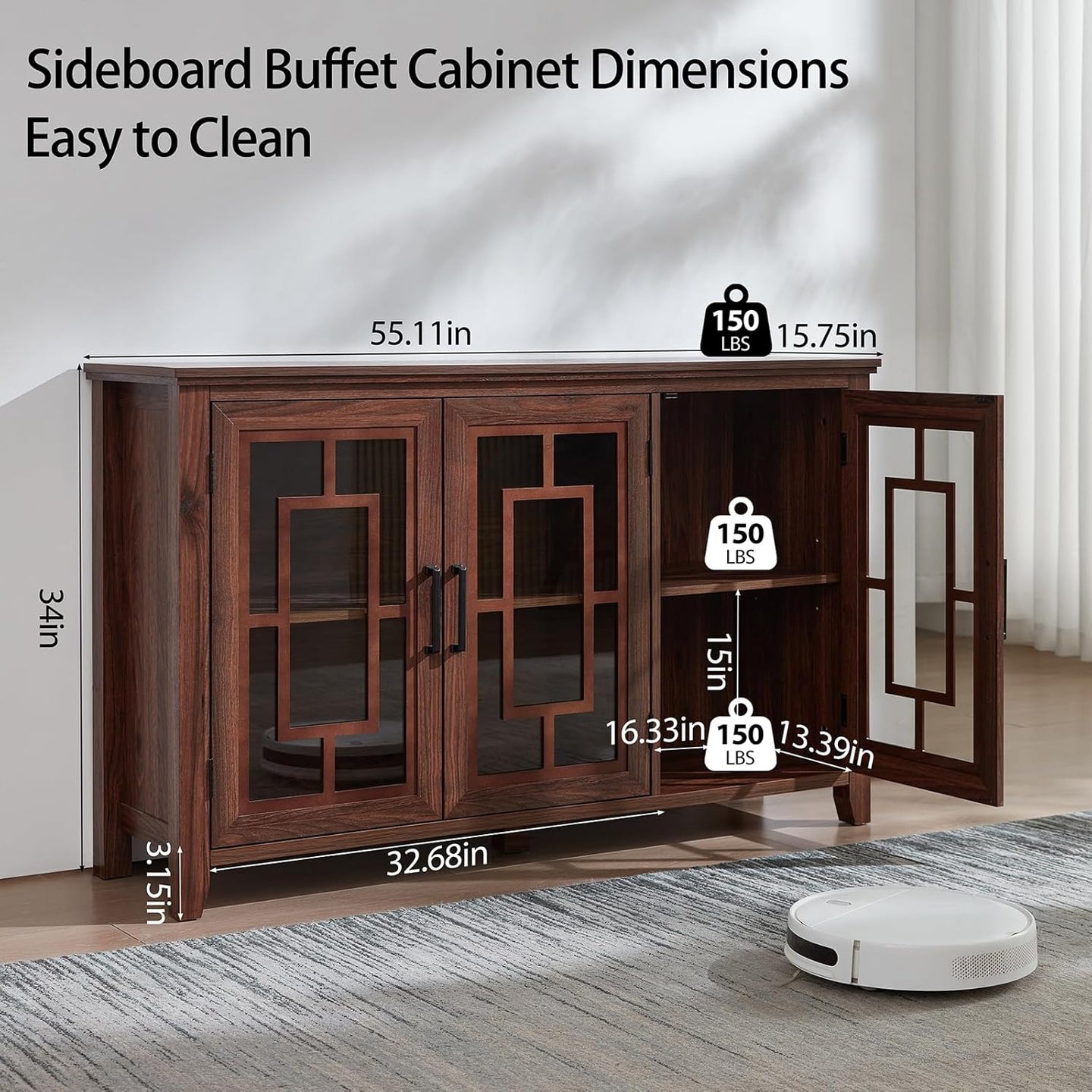 Brown sideboard buffet cabinet with double doors and glass-pane display panels