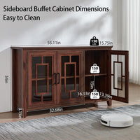 Brown sideboard buffet cabinet with double doors and glass-pane display panels