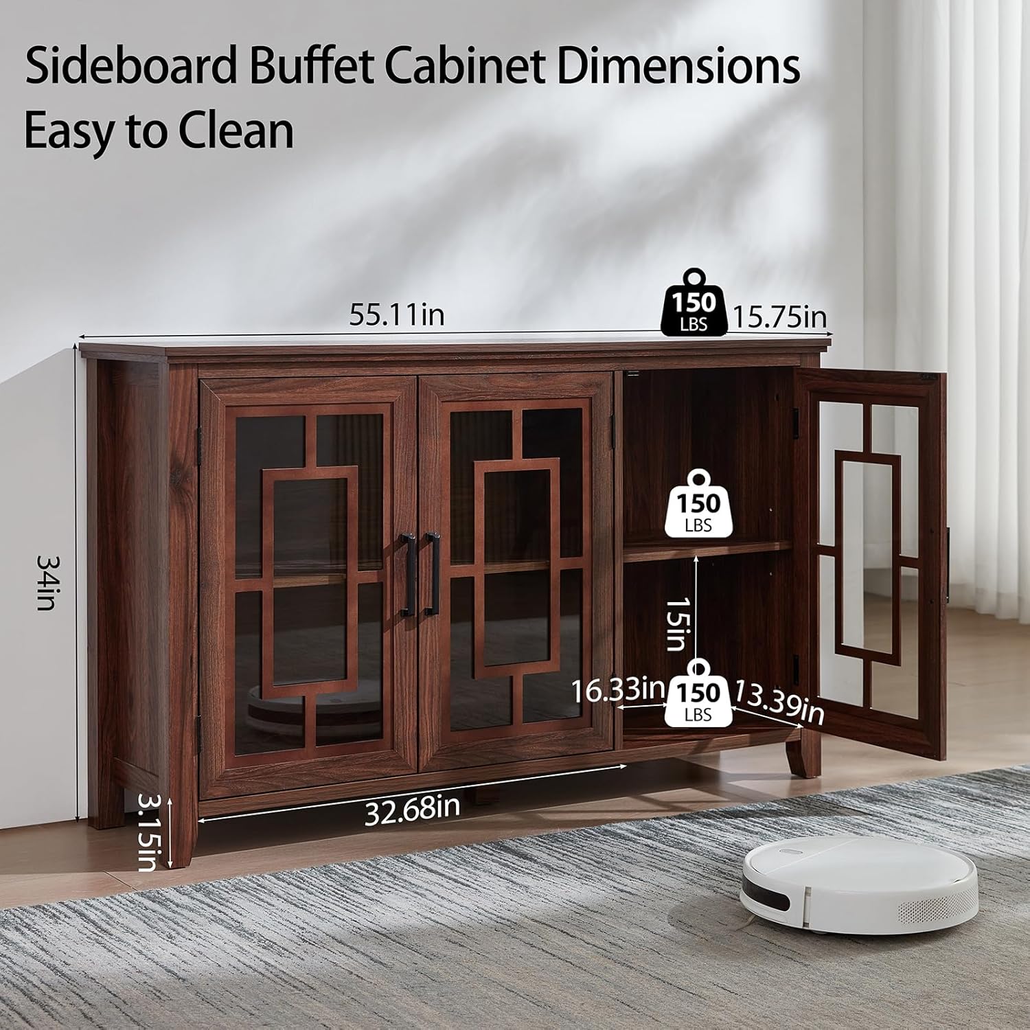 Brown sideboard buffet cabinet with double doors and glass-pane display panels