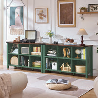 Green console bookcase with multiple open cubby shelves and tabletop for display