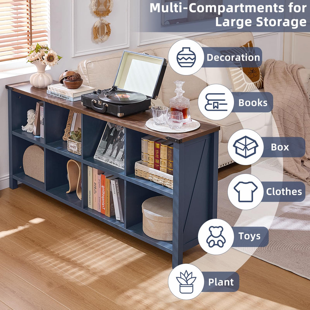 Dark blue multi-compartment console bookcase with open shelves for books and decor