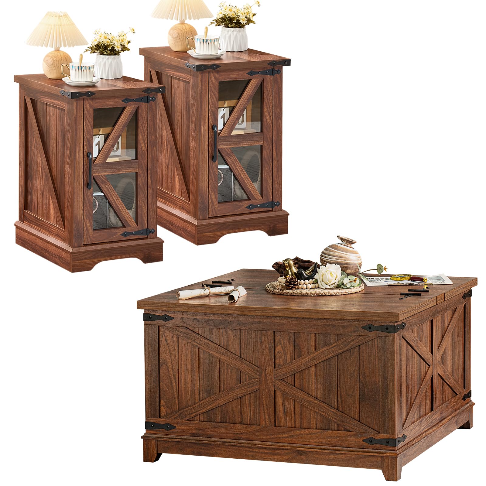 Farmhouse Coffee Table Sets 3 Pieces, Narrow Night Stand with Glass Barn Door Storage, Large Coffee Tables with Hidden Storage Organizer, Wood Furniture Sets for Living Room, Office, Blue
