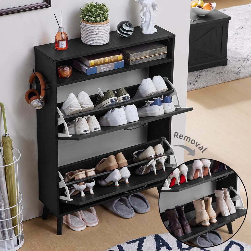 Black shoe cabinet with multiple interior shelves and flip drawers open, shoes visible