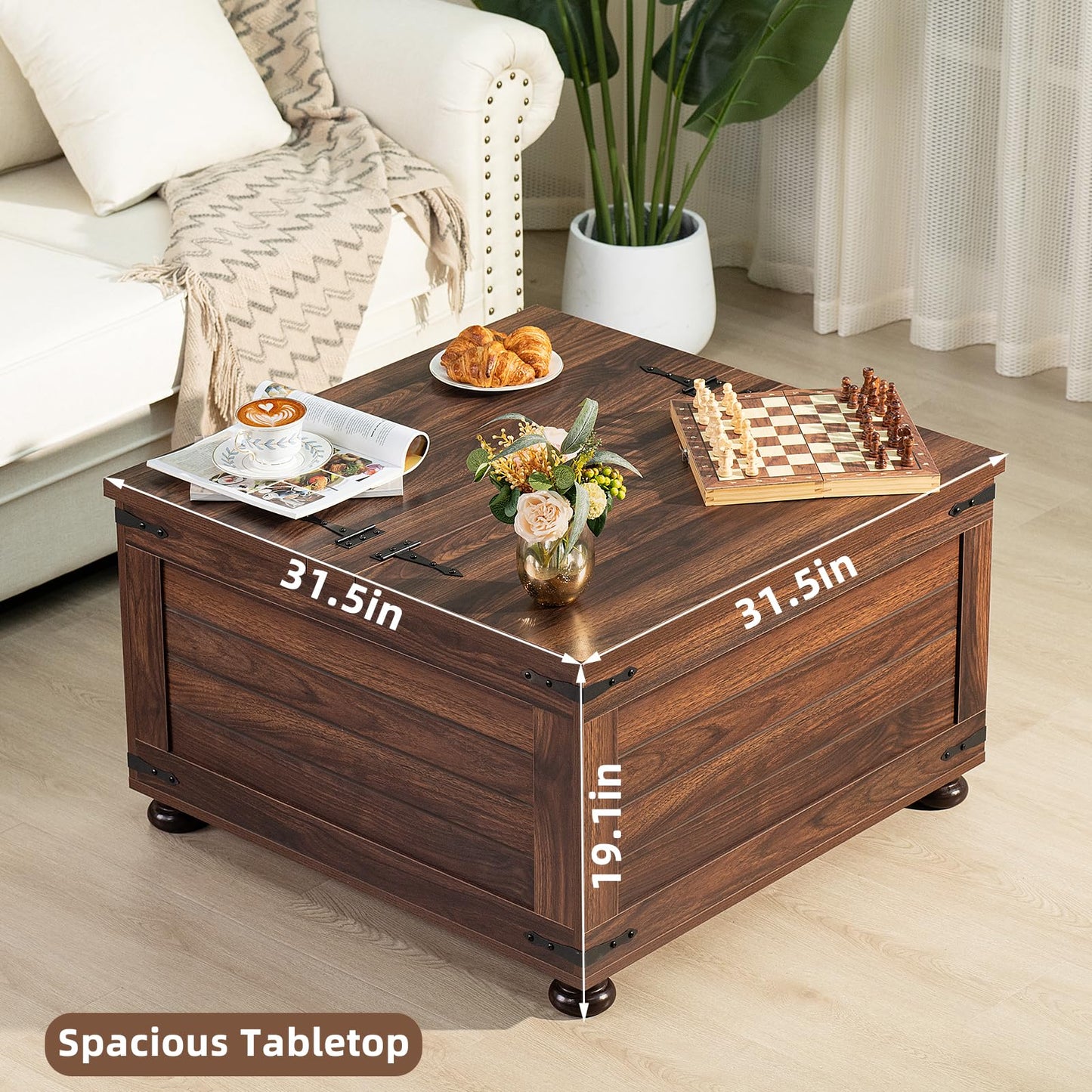 Brown farmhouse coffee table with lift-top lid, hidden storage, and sturdy legs