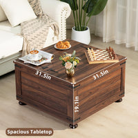 Brown farmhouse coffee table with lift-top lid, hidden storage, and sturdy legs