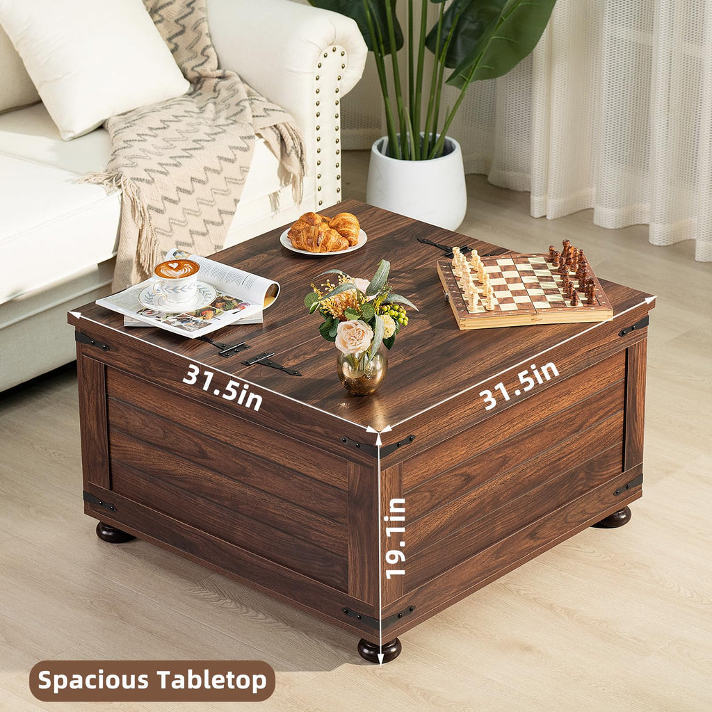Brown square lift-top coffee table with hidden storage and wooden arc base legs