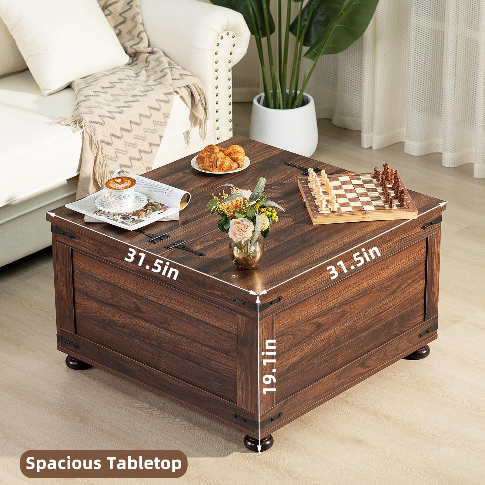 Brown square lift-top coffee table with hidden storage and wooden arc base legs