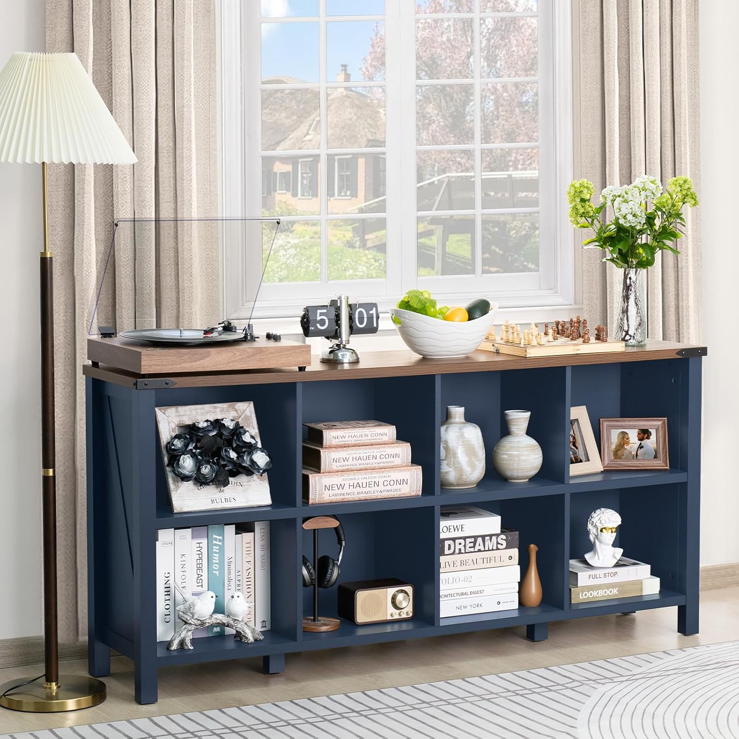 8 Cube Book Shelf, Farmhouse Wood Long Storage Organizer Bookcase, 62" Horizontal Navy Blue Console Closet Bookshelf, Hallway TV Stand for Entryway, Display Cabinet Book Case for Living Room