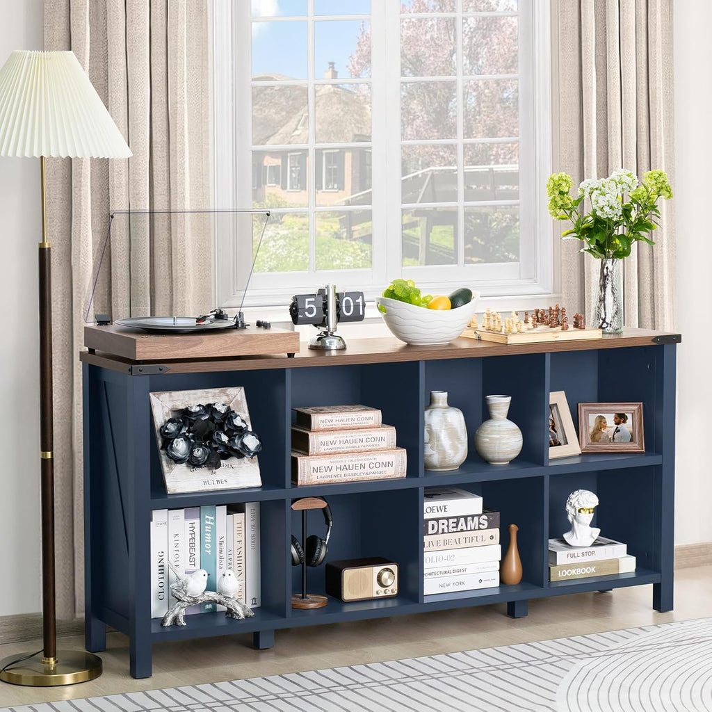 Navy blue 8-cube console bookcase with open shelves and dark wood top