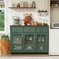 Green cabinet with three glass doors and drawer fronts, farmhouse buffet sideboard